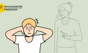 Chłopiec zatyka uszy, próbując zagłuszyć krytykę narcystycznej matki.