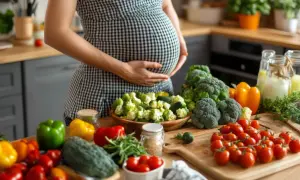 Kobieta w ciąży przygotowuje zdrowe posiłki, dbając o dietę i unikając ryzyka listeriozy w ciąży. Na stole świeże warzywa i zioła.