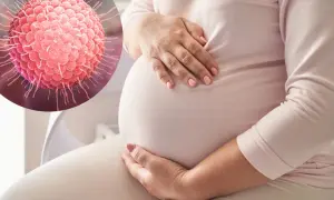 Wirus ospy, groźny dla płodu, w tle ciężarna kobieta.