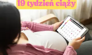 Kobieta w **19 tygodniu ciąży** przegląda kalendarz na tablecie, planując kolejne etapy.
