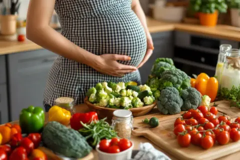 Kobieta w ciąży przygotowuje zdrowe posiłki, dbając o dietę i unikając ryzyka listeriozy w ciąży. Na stole świeże warzywa i zioła.