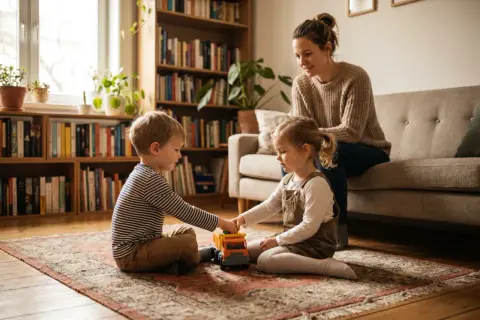 Chłopiec i jego siostra bawią się ciężarówką na dywanie, podczas gdy mama patrzy z kanapy.