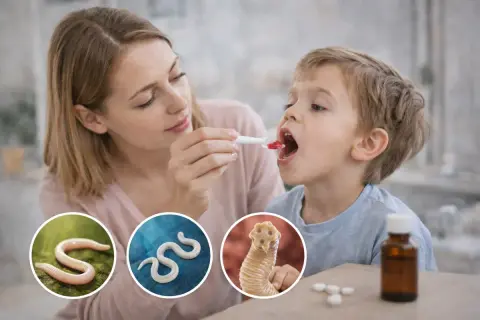 Mama podaje dziecku lek, by zapobiec odrobaczaniu dzieci. W kółkach widać różne rodzaje pasożytów.