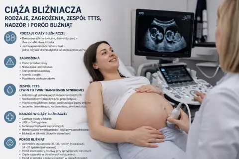 Kobieta w ciąży bliźniaczej uśmiecha się podczas badania USG, na monitorze widać dwa płody.