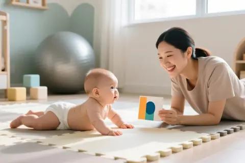 Uśmiechnięta mama pokazuje dziecku kolorowe karty, kiedy dziecko trzyma główkę na macie.
