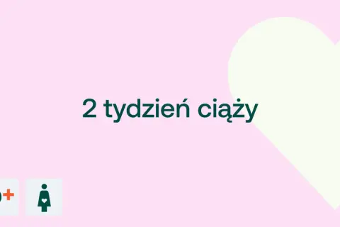 2 tydzień ciąży. Delikatny różowy tle z jasną sercem. Ikony D+ i kobiety w ciąży.