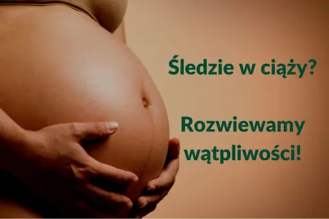 Brzuch kobiety w ciąży. Napis: "Śledzie w ciąży? Rozwiewamy wątpliwości!".