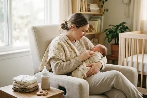 Mama tuli noworodka, otulonego w kocyk. Obok butelka i stosik ubranek. Idealny moment, kiedy robi się baby shower.