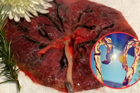 Symboliczne łożysko po porodzie, ozdobione rozmarynem i kwiatem, z widokiem na wysuszone naczynia krwionośne w kształcie serca.