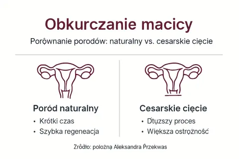 Porównanie obkurczania macicy po porodzie naturalnym i cesarskim cięciu. Ilustracje narządów rodnych.