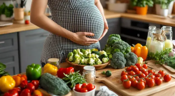 Kobieta w ciąży przygotowuje zdrowe posiłki, dbając o dietę i unikając ryzyka listeriozy w ciąży. Na stole świeże warzywa i zioła.
