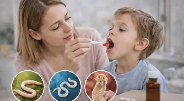Mama podaje dziecku lek, by zapobiec odrobaczaniu dzieci. W kółkach widać różne rodzaje pasożytów.