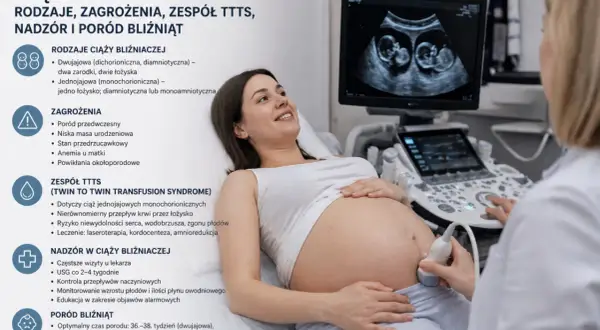 Kobieta w ciąży bliźniaczej uśmiecha się podczas badania USG, na monitorze widać dwa płody.