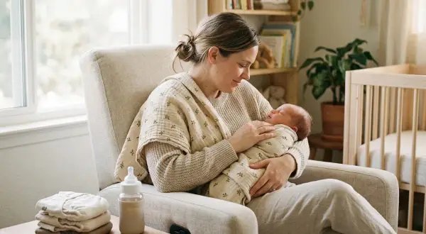 Mama tuli noworodka, otulonego w kocyk. Obok butelka i stosik ubranek. Idealny moment, kiedy robi się baby shower.
