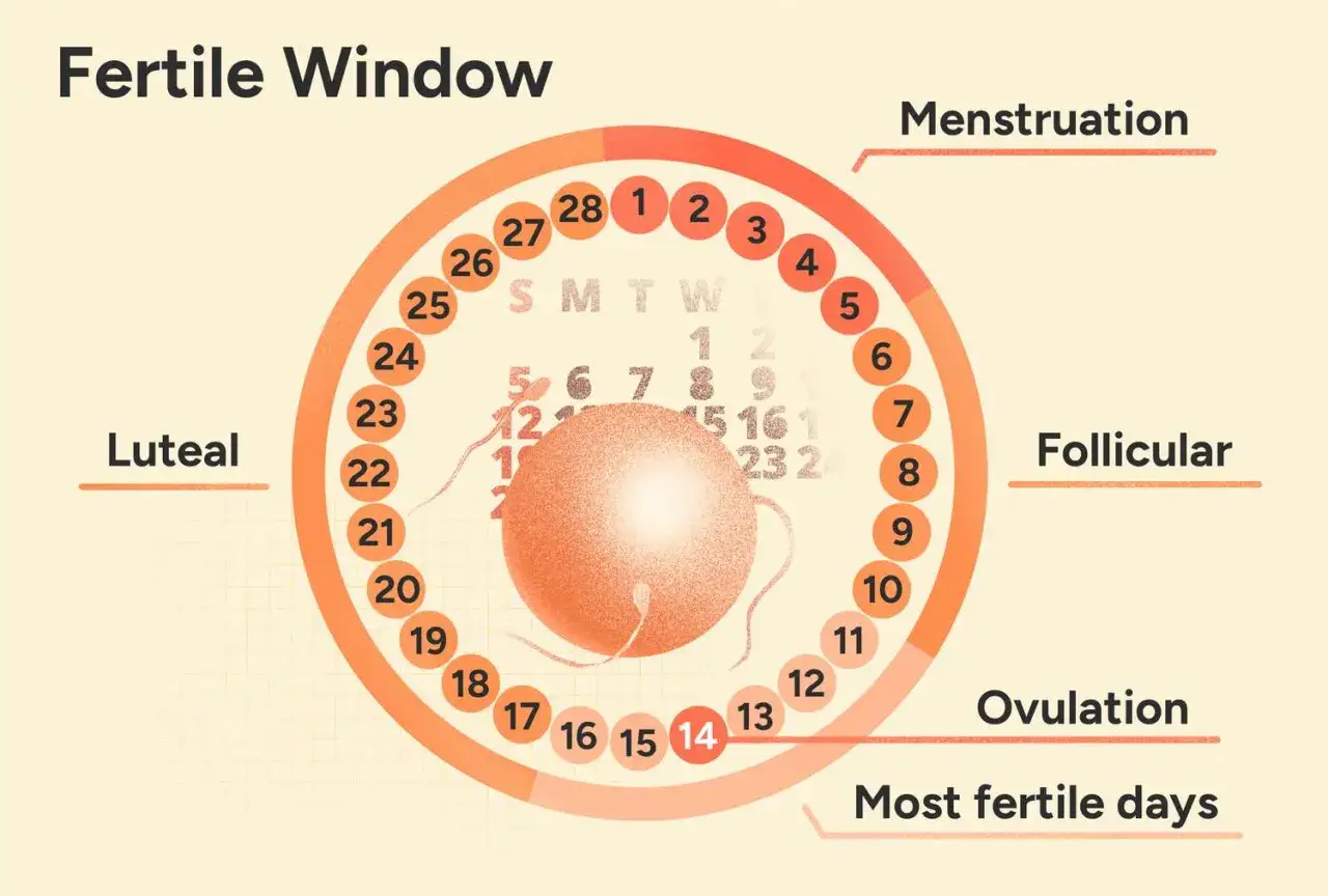 Cykl menstruacyjny: owulacja ile trwa? Wykres pokazuje fazy cyklu: menstruację, folikularną, owulację (największa płodność) i lutealną.