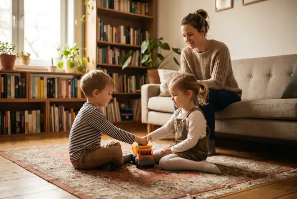Chłopiec i jego siostra bawią się ciężarówką na dywanie, podczas gdy mama patrzy z kanapy.