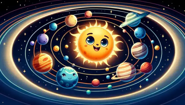 Wesołe planety i uśmiechnięte Słońce tworzą kolorowy kosmos dla dzieci.