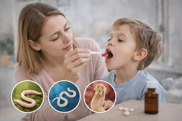 Mama podaje dziecku lek, by zapobiec odrobaczaniu dzieci. W kółkach widać różne rodzaje pasożytów.
