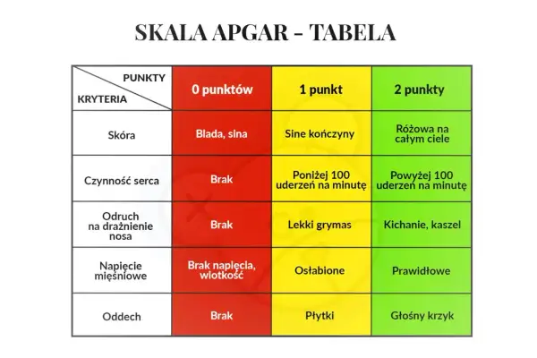 Tabela oceny noworodka według skali Apgar. Pokazuje kryteria: skóra, czynność serca, odruch, napięcie mięśniowe, oddech, oraz punkty od 0 do 2 dla każdego.