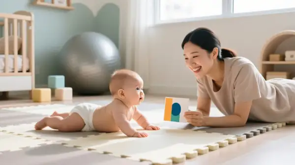 Uśmiechnięta mama pokazuje dziecku kolorowe karty, kiedy dziecko trzyma główkę na macie.