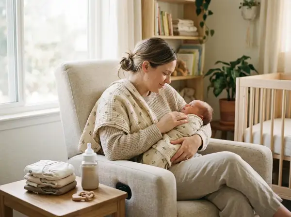 Mama tuli noworodka, otulonego w kocyk. Obok butelka i stosik ubranek. Idealny moment, kiedy robi się baby shower.